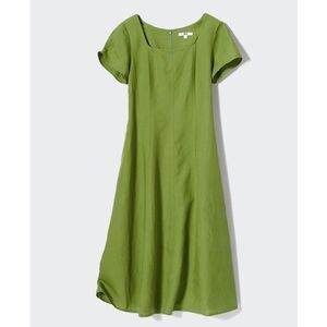Uniqlo Size M Linen Blend Midi Dress Olive Green Fit Flare Square Neck